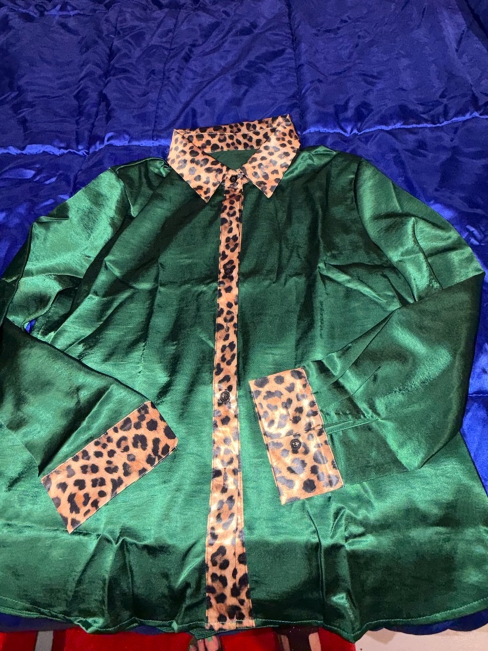 Green Satin Blouse with Leopard Trim